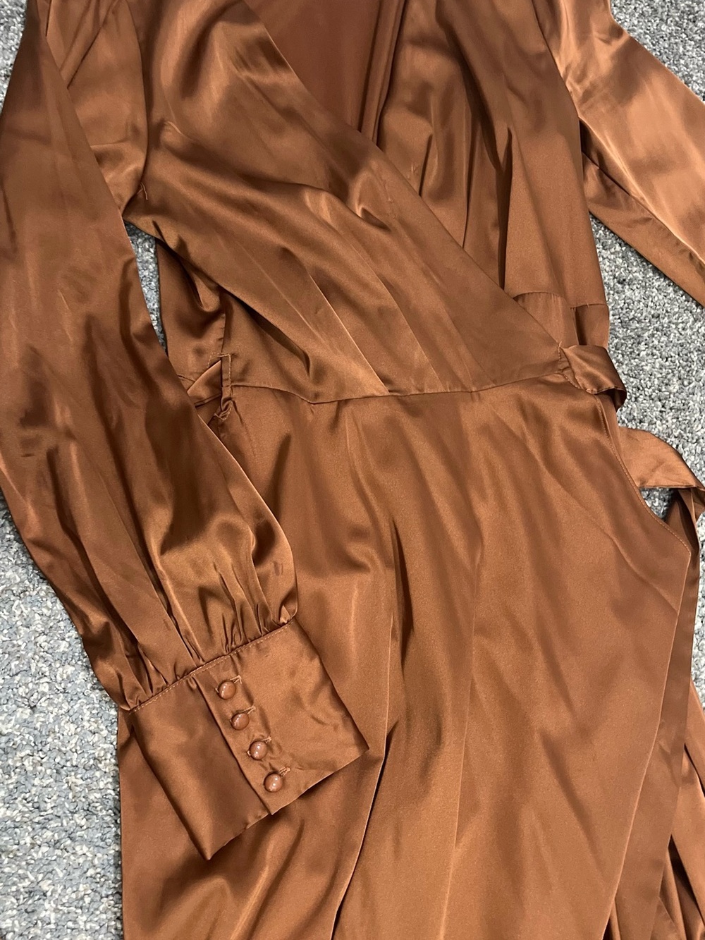 Fashion Nova Satin Wrap High-Low Maxi Dress in Copper - Picture 2 of 3